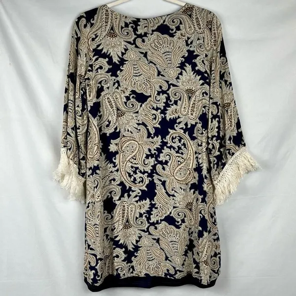 Entro Women’s Paisley Crewneck Long Sleeve Fringe Dress Small - Image 4