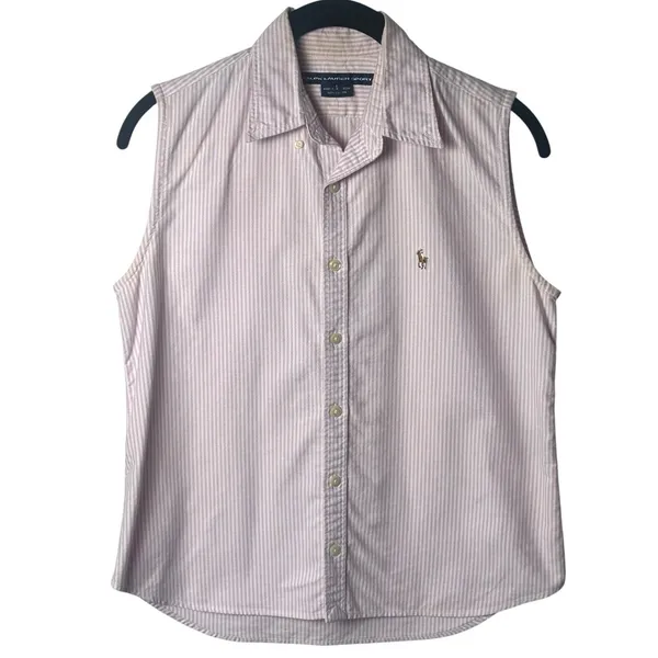 Ralph Lauren Sport 100% Cotton Flesh Pony Pink‎ White Stripe Tank Top Rodeo 6 - Image 2