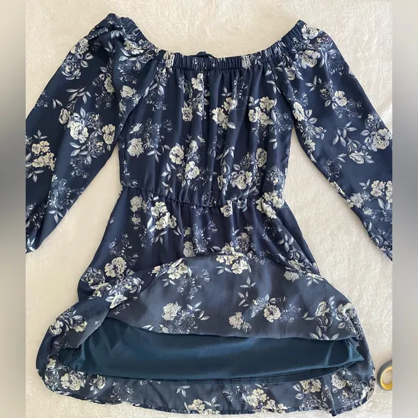 Altar'd State Navy Blue Floral Off-The-Shoulder Bishop Sleeve Mini Dress Small - Image 6