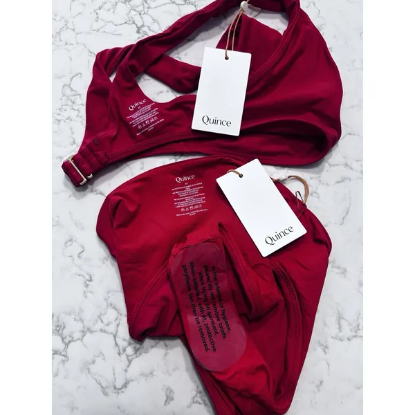 NWT Quince Cherry Red Italian Plunge Bikini Top & High Rise High Leg Bottom Set - Image 3