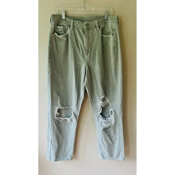 American Eagle Sz 14 Sage Green Womens Ripped High Rise Straight Mom Jeans - Image 2