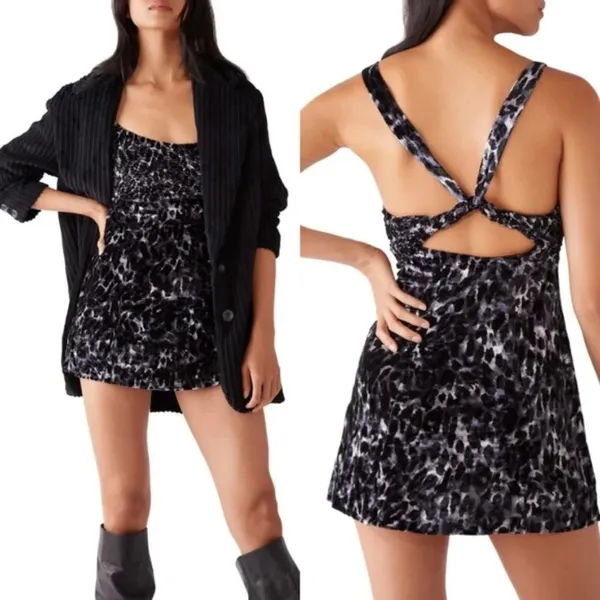 Free People Virgo Moon Velvet Slip Minidress Gray Black Leopard Size‎ XS - Image 2