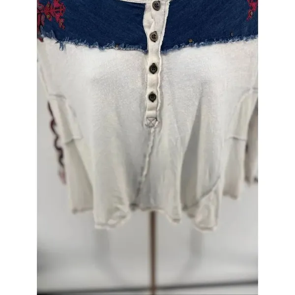 Free People We The Free Rio Henley Small Cream Navy Embroidered Indie Boho - Image 10