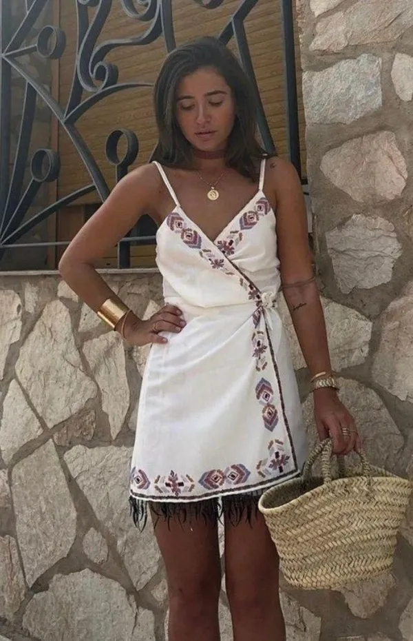 Zara dress mini summer boho embroidered fringe cotton tribal Aztec wrap - Image 7