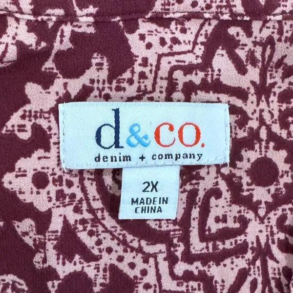 Denim & Company Burgundy Floral Paisley Print Color Block Blouse Plus Size 2X - Image 5