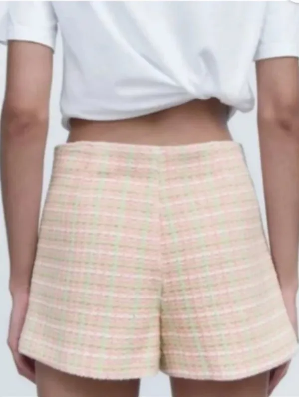 NEW Zara Pink & Green Plaid Tweed Gingham Mini Skort Size Small - Image 3
