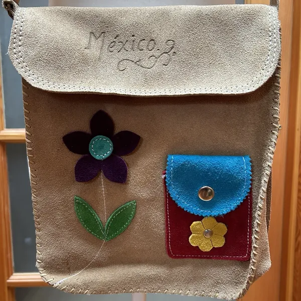 VTG Mexico Handmade Artisan Leather Suede Crossbody Purse Bag Retro Boho Tan - Image 2