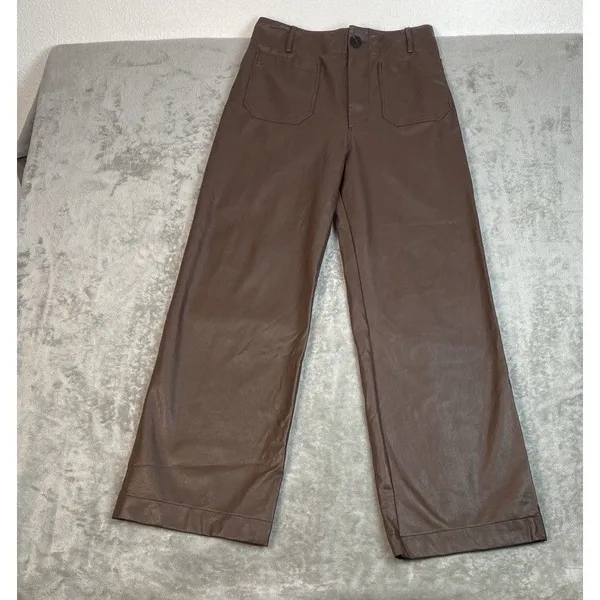 Anthropologie Wide-Leg Pants Brown Faux Leather Stretch Pockets Women's Tall 28T - Image 5