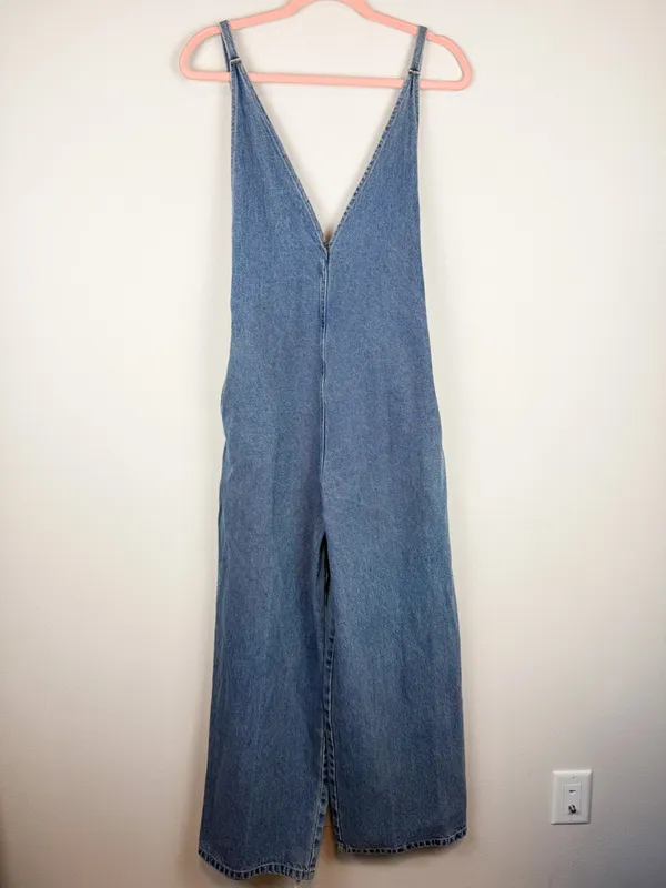 Lel Lab Denim Wide Leg Jumpsuit Baggy Plunging Neck Open Back Size 38/ Medium - Image 2