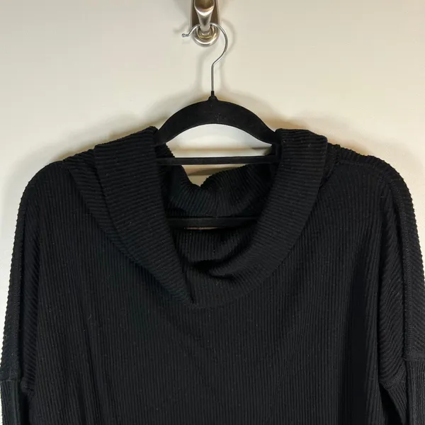 Free People‎ Black Ribbed Cowl Neck Split Back Long Sleeve Top XS - Image 2