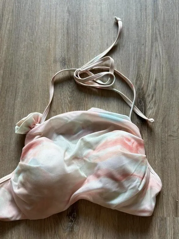 Pastel tie-dye bikini set (top, bottom, coverup) with pink, peach, and light blu - Image 6