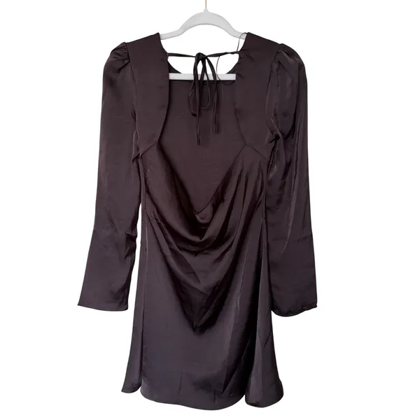 SAGE the label‎ Brown Satin Open Cowl Back Long Sleeve Mini Dress XS NWT - Image 5