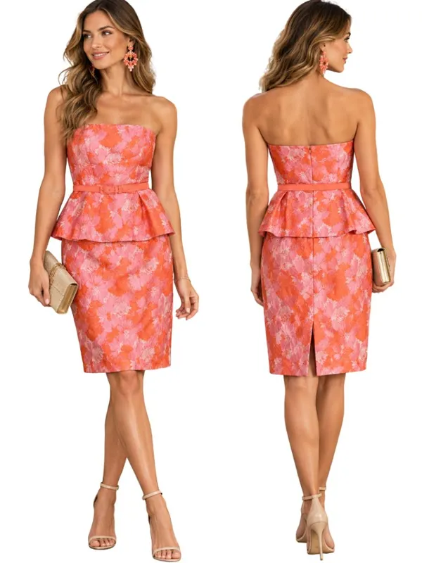 Eva Franco Strapless Peplum Floral Jacquard Dress Women's 2 Pink Orange Cocktail - Image 2