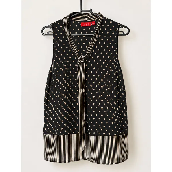 ELLE Black Polka Dot Sleeveless Tie-Neck Blouse - Image 2