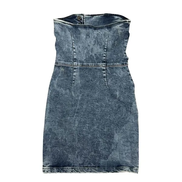 Retrofête Megh Strapless pleated Denim Mini Dress Marble Sky Button Front XS - Image 7