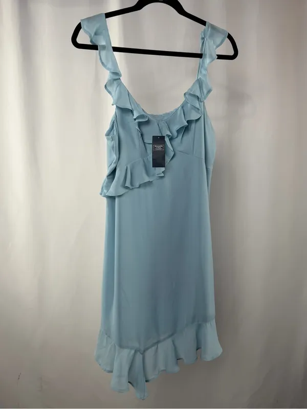 NWT Abercrombie & Fitch Asymmetrical Ruffle‎ Mini Dress in Light Blue Size Large - Image 2