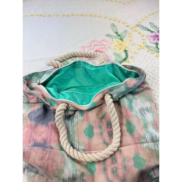 Abstract Beach Tote Bag Rope Handles‎ Turquoise Lining Travel Shopper - Image 6