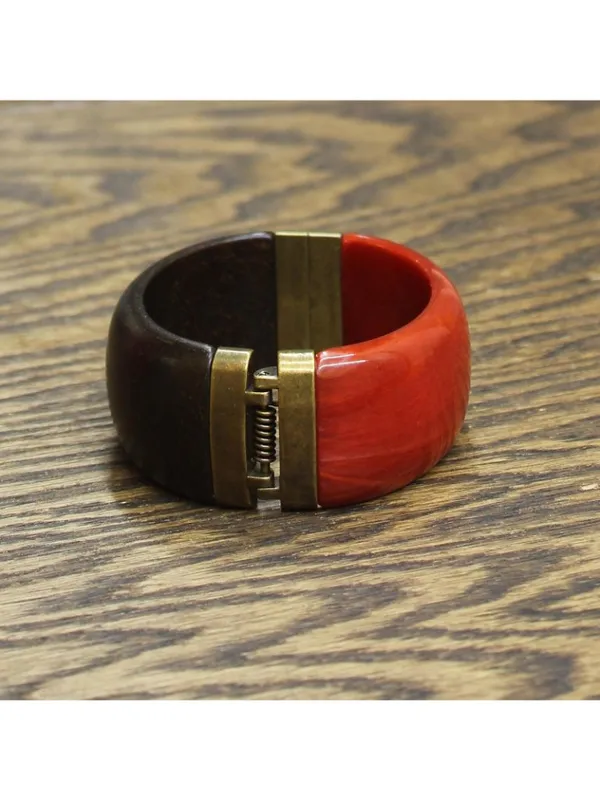 NEW Premier Design Faux Wood Spring Hinge Bangle Bracelet Red / Brown 2.5" - Image 2