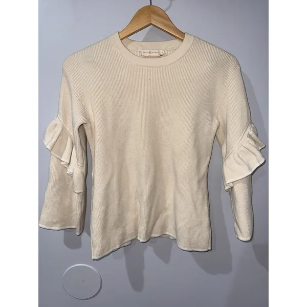 Tory Burch Ashley Ruffled Bell Sleeves Pullover Knit‎ Sweater Wool Ivory Small D - Image 5