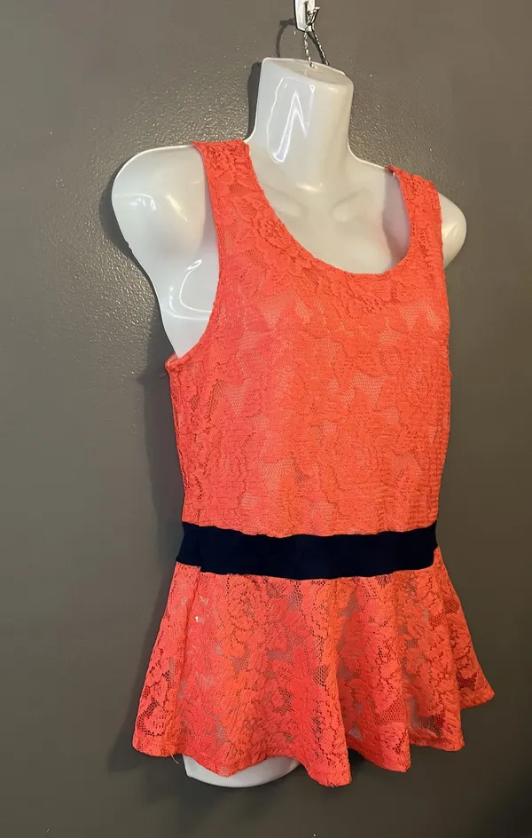 Rainbow Sandals Peplum Top Womens M Coral Lace Sleeveless Tank Black Waistband Layered - Image 2