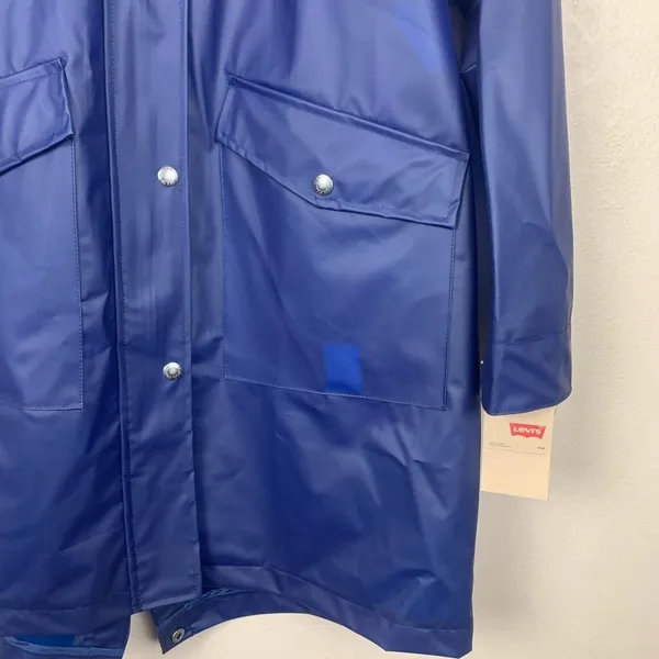 Levi's Blue Rain Jacket Trench Coat Hooded XS Long Line Snap Buttons Waterproof - Image 8