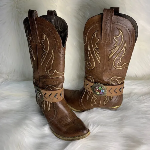 Handmade Womens Brown Leather Floral Metal Buckle Removable Boot Band One Size - Image 2