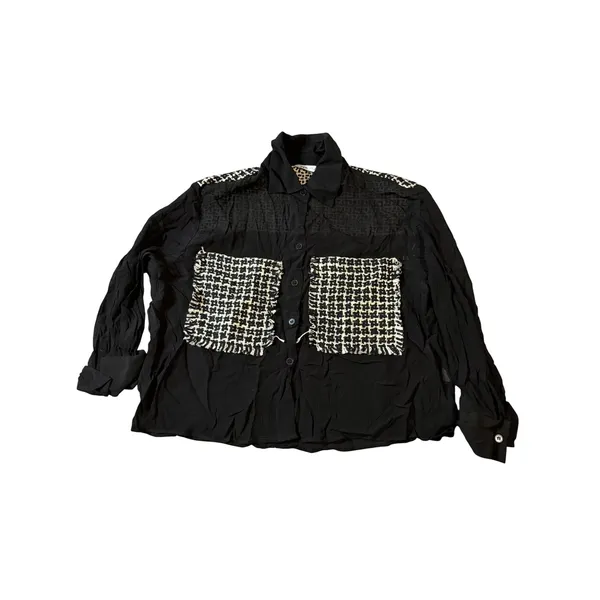 ZARA Black Sheer Blouse Black White Cream Tweed Pockets Button Up‎ Size Medium - Image 2