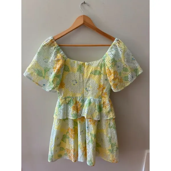 Sabo Skirt Floral Eyelet Mini Dress Size S US 4 Yellow Green Puff Sleeve Ruffle - Image 5
