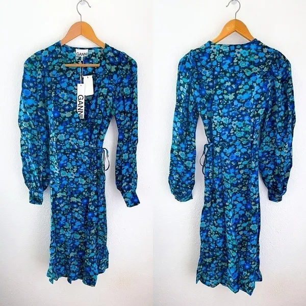 GANNI Azure Blue‎ Wrap Dress 34 - Image 4