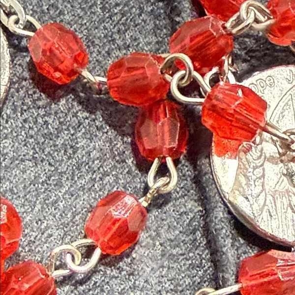 Vtg red rosary Pope John Paul II canonization Jesus Immaculate Conception red - Image 11