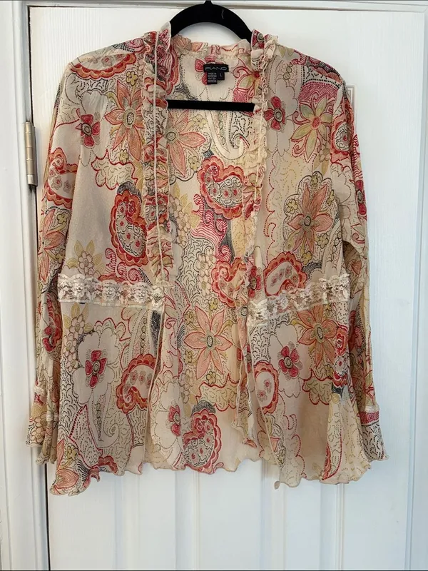 Piano Sheer Floral Paisley Tie Front Blouse Cream Coral Lace Trim Ruffle Size L - Image 4