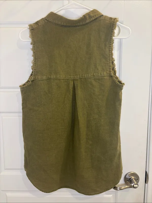 Free People Olive Green Linen Blend Sleeveless Button Down Tunic Top XS - Image 3