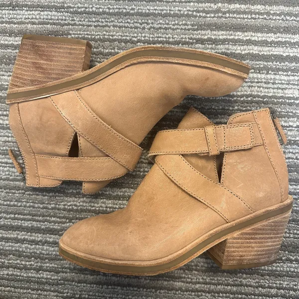 Eileen Fisher‎ Derby Ankle Boots Tan Nubuck Leather Stacked Heel Preppy Career 6 - Image 5