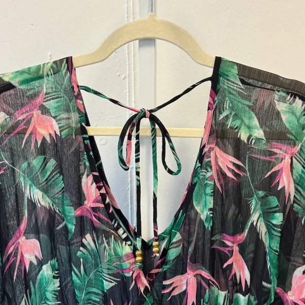 Miken Swim Tropical Bird of Paradise Floral Sheer Beach Cover Up Black Medium - Image 5