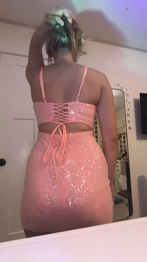 Windsor Pink Sequin Padded Lace-Up Back Mini Dress Size Medium - Image 3