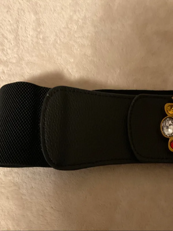 Black Elastic Waist Belt with Jeweled Gold Buckle - Image 3