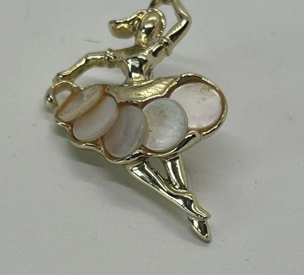 Vintage Gold-Tone Ballerina Brooch With Mother Of Pearl Accents Tutu 1 7/8" - Image 3