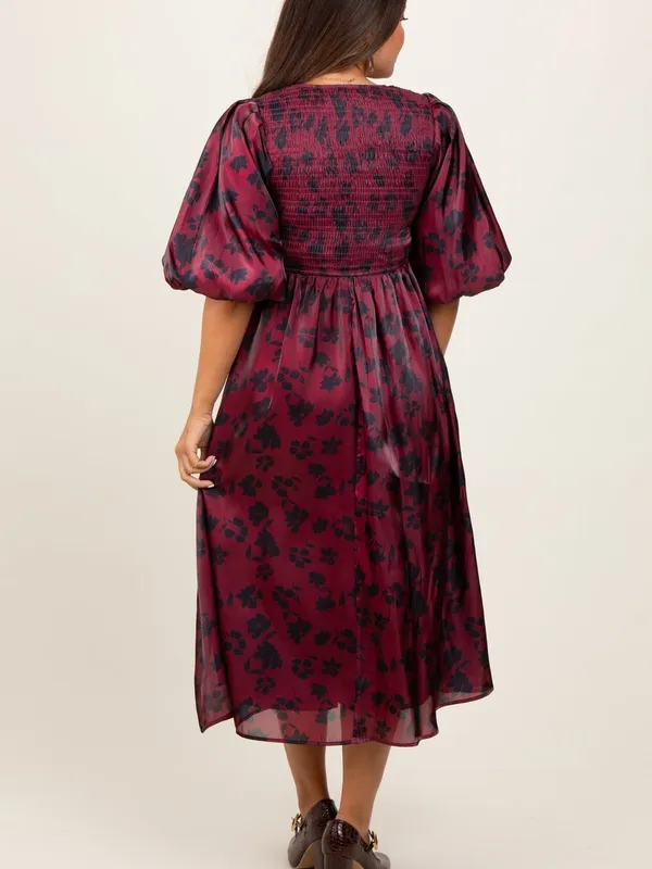 Heart of Mine Burgundy Floral Midi Dress with Puff Sleeves - Image 6