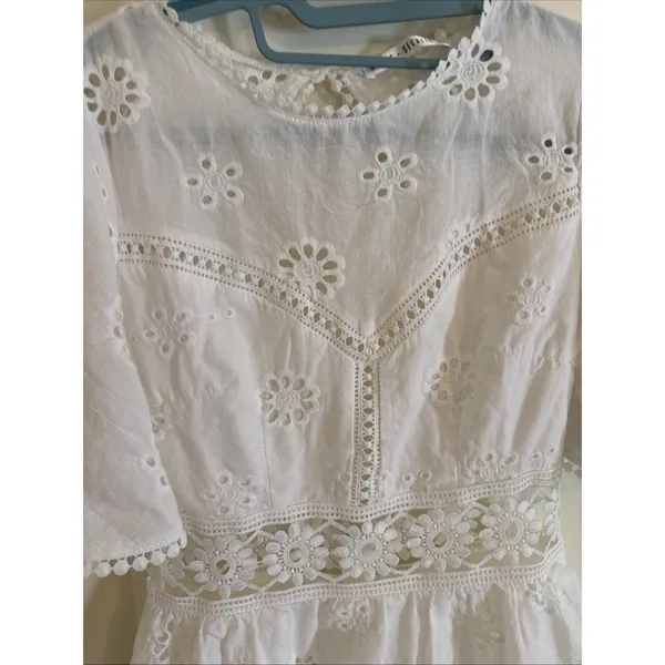 Saints + Secrets White Bell Sleeve Cutout Ruffle Mini Sheer Dress US Small - Image 2