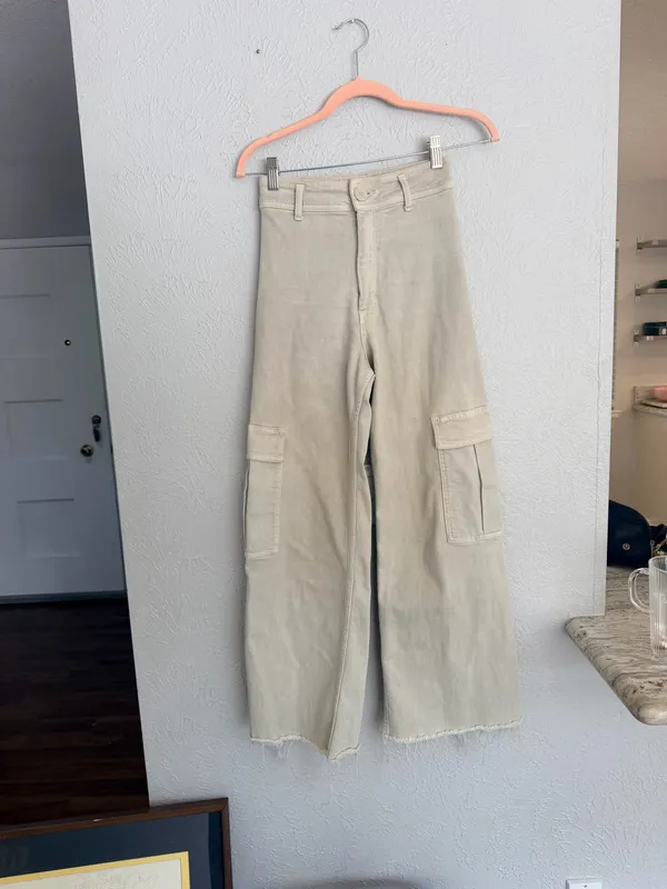 Zara marine cut off raw hem cropped khaki tan cargo wide leg pants 0 - Image 6