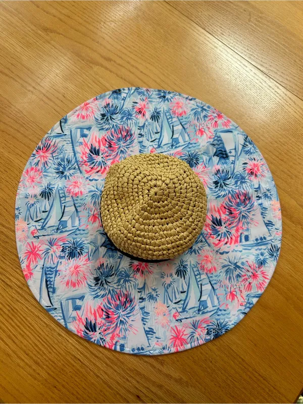 Lilly Pulitzer Sea‎ To Shining Sea Floppy Straw Sun Beach Hat Blue Pink Sailboat - Image 2