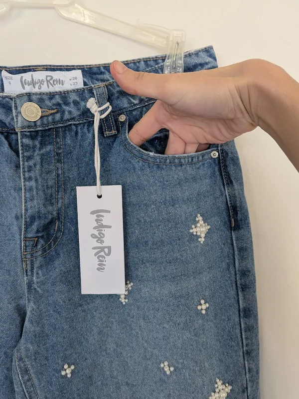 NWT Pearl Beaded Star Embellished Straight Leg Denim Jeans Sz 9 Medium Wash - Image 13