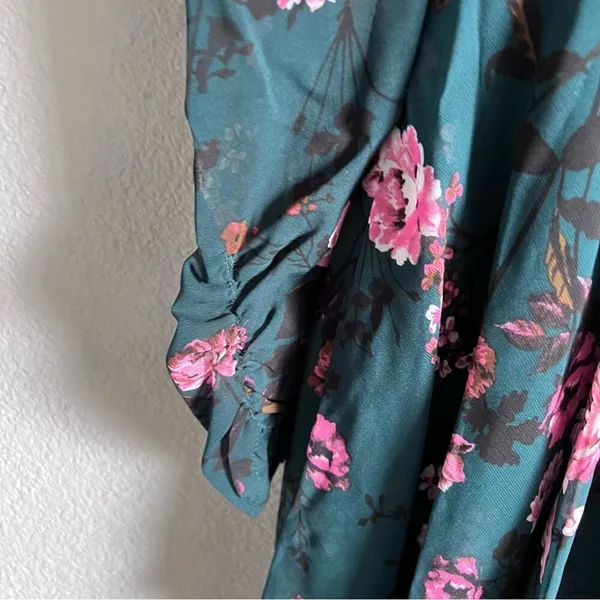 LINI Isabelle Floral Mini Dress Teal Pink Puff‎ Long Sleeve V-Neck Fit & Flare - Image 3