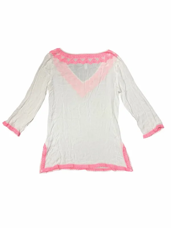 Andree Blue Boho Gauze Swim Cover Up Neon Pink Lace Crochet Trim Tunic S - Image 3