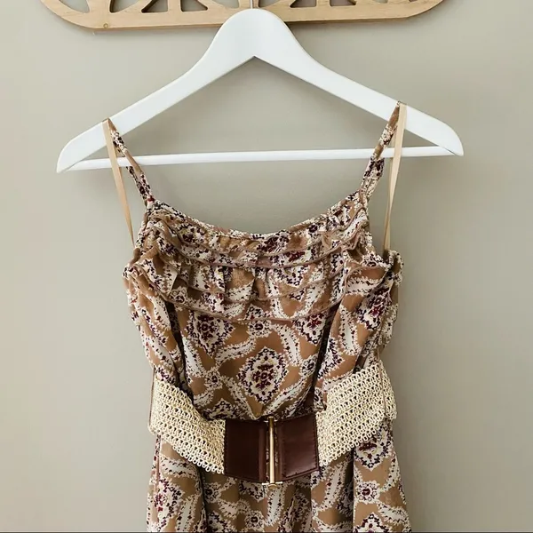 Vanity Floral Print Ruffle Dress Tan Sz Medium - Image 2