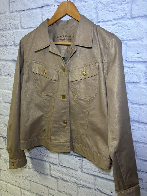 Lauren Jeans Co Ralph Lauren Women's Demin Gold Metallic Button Up Jacket Sz L - Image 11