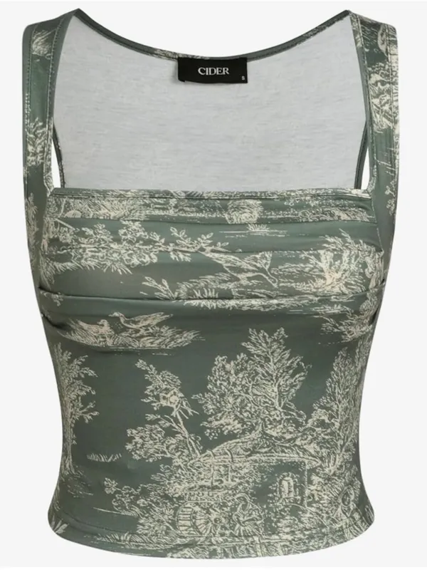 Cider Sage Green Toile Square-Neck Crop Top - Image 2