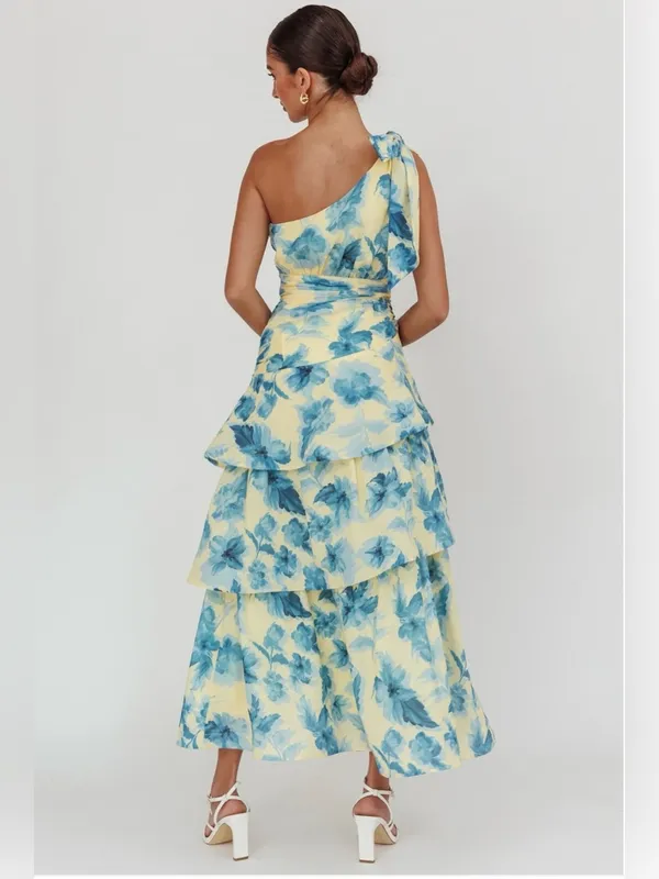 Selfie Leslie One-Shoulder Yellow Dress with Blue Floral Print Size Medium A1 - Image 2