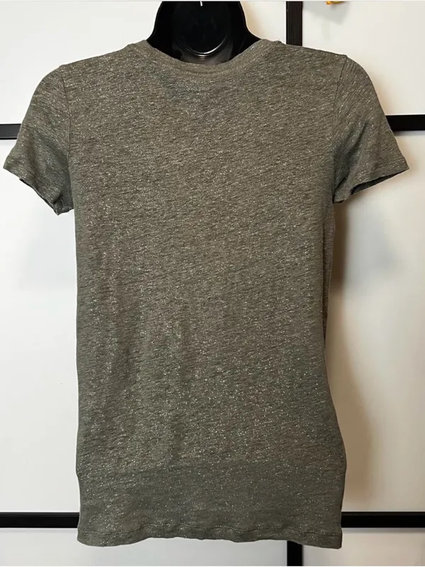 J. Crew Women's Olive V-Neck Linen Pocket Tee Silver Metallic Thread - Image 2