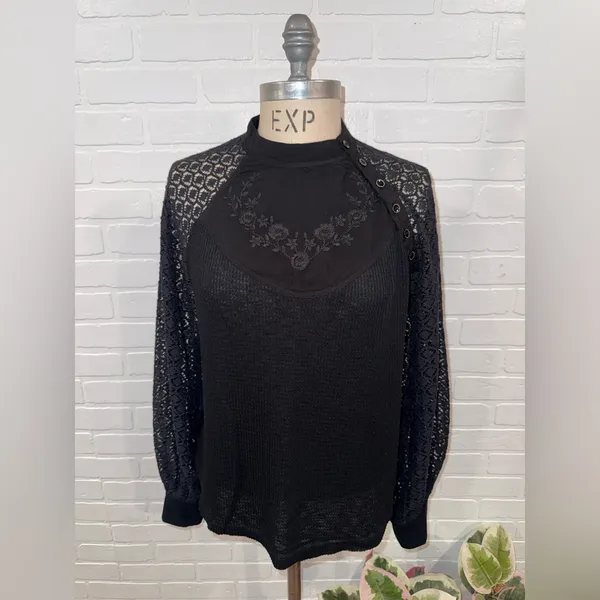 Free People Black Sweetest Thing Thermal Top Crewneck Top - Image 2